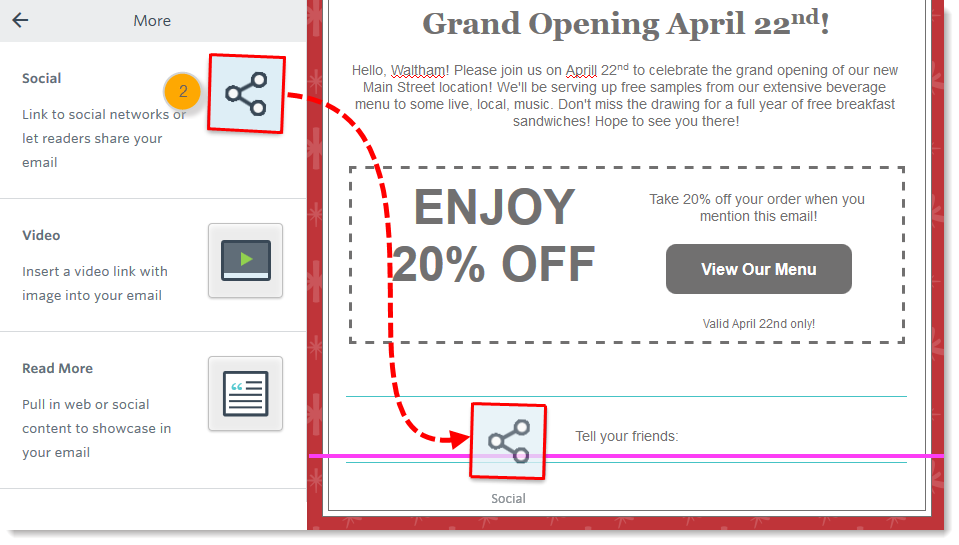 HOW TO: INSERT SOCIAL MEDIA ICONS INTO YOUR EMAIL SIGNATURE 3ge more panel drag and drop social block step2